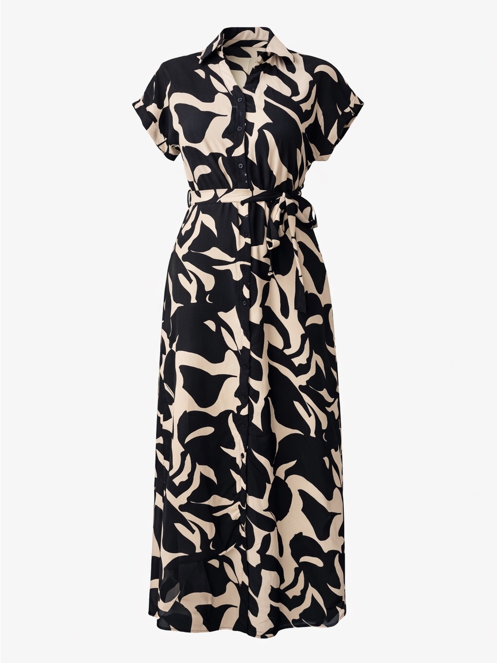 Button-Front Midi Dress in Black & Beige with Tie Waist - Picture 5 of 5